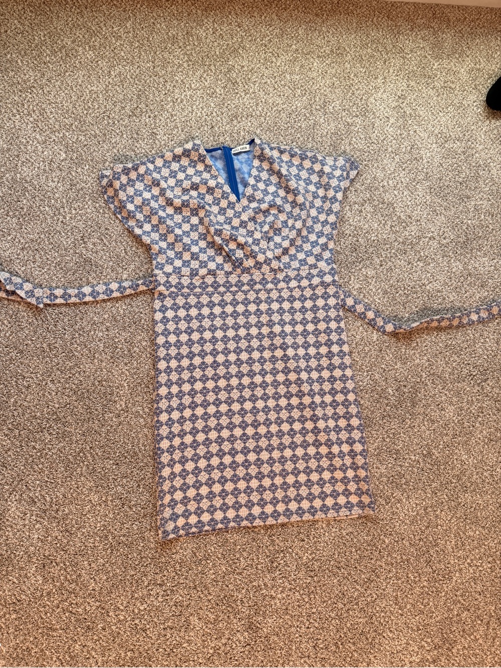 Grace Karin Blue and Cream Geometric Wrap Midi Dress